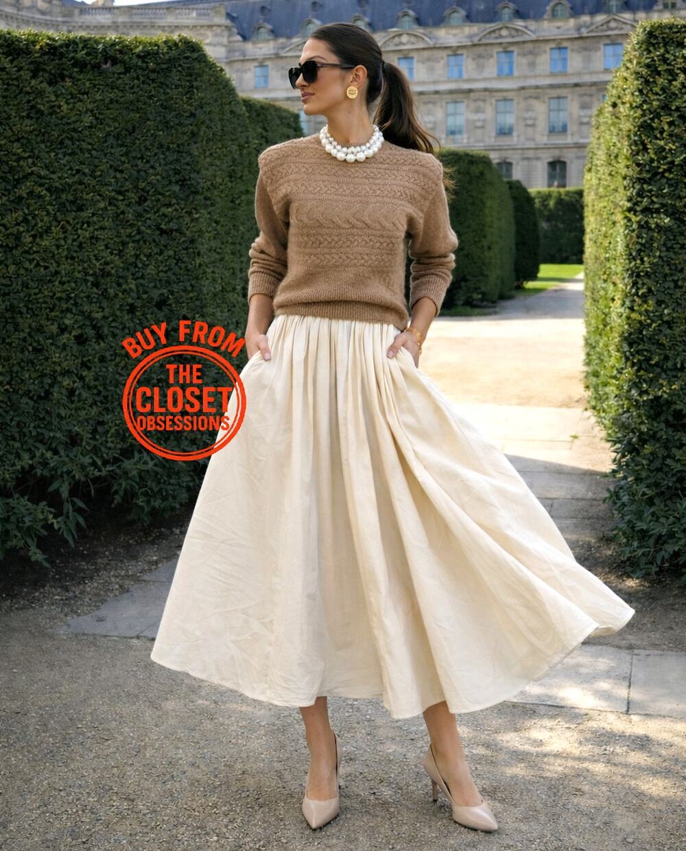 Zara NWT Cream Textured Cotton High Waist Pleated Full Midi Skirt M L